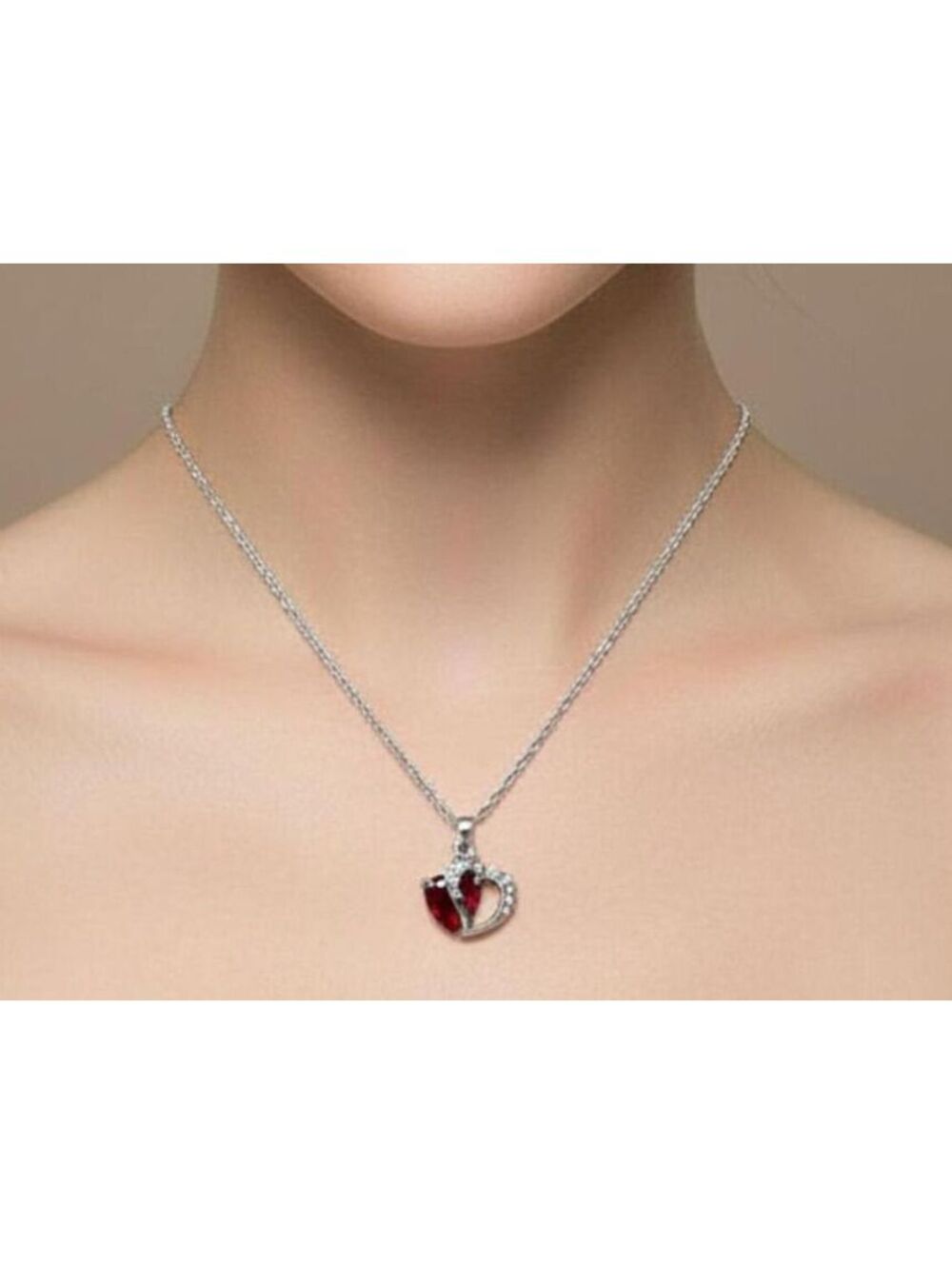 NECKLACE RED HEART WITH CRYSTALS PENDANT AND 17" CHAIN IN 925 STERLING SILVER